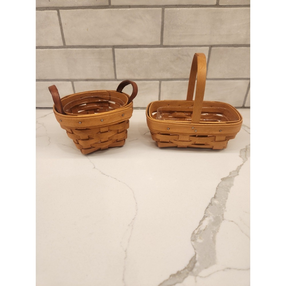 Lot‎ 2 Small Longaberger Baskets Round & Rectangular With Protectors 1997 & 2001